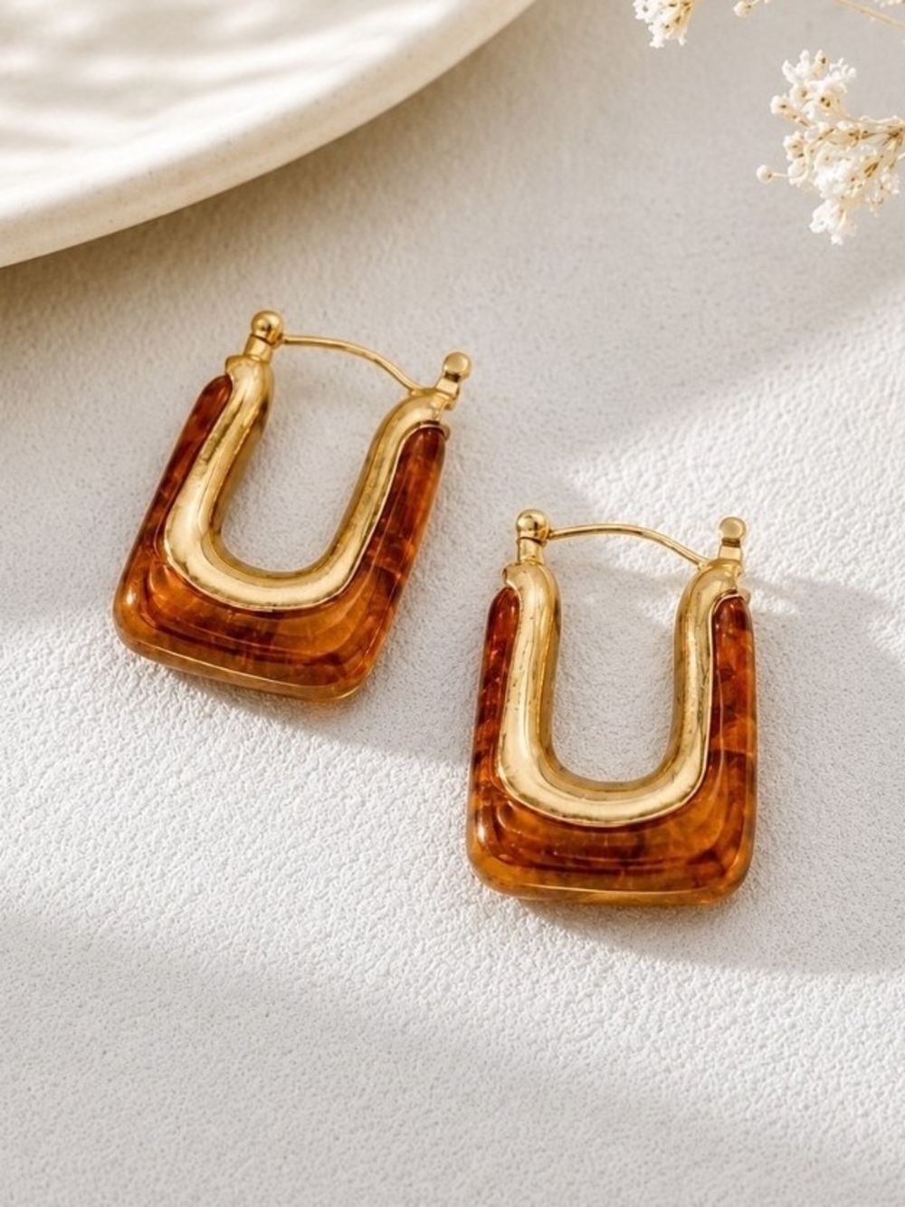 Gold and Amber Lucite Hoop Earrings